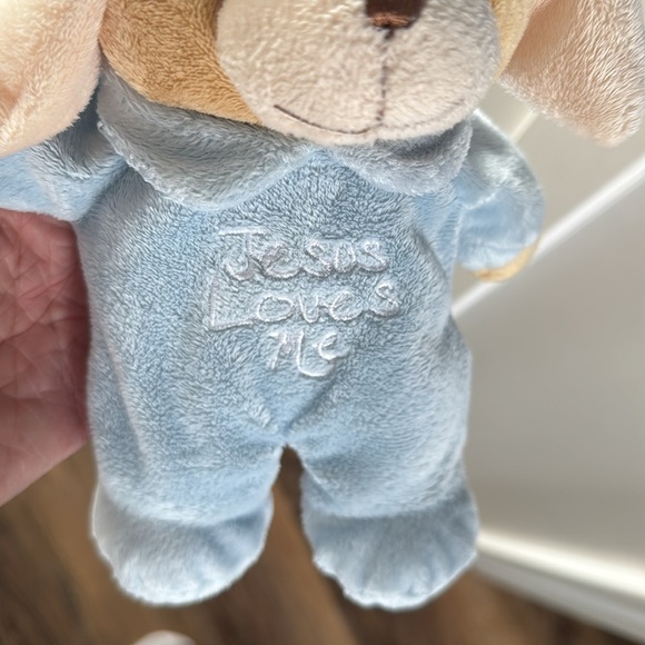 Dandee Stuffed Plush Blue Puppy Dog Jesus Loves Me 8” Bean Bag Toy Baby Hat - Picture 2 of 6